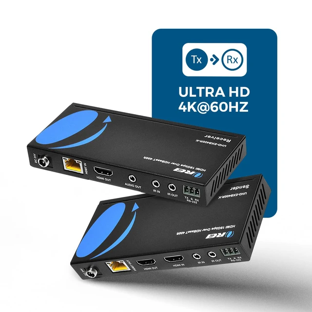 Alt view image 6 of 7 - 4K HDMI over Ethernet Extender Balun - HDBaseT UltraHD 4K @ 60Hz 4:4:4 CAT5e/6/7 Cable with HDR, CEC & IR Control, RS-232 Up to 400 Ft Loop Out POC Audio Out (UHD-EXB400R-K)