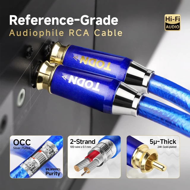 Alt view image 4 of 7 - Audiophile RCA Cables with Silver-Plated-OCC, Triple Shielded, 1.64ft | Treble Resolution, Noise Reduction, RCA Male to RCA Male, 24K Gold-plated Plug, Left and Right Channel