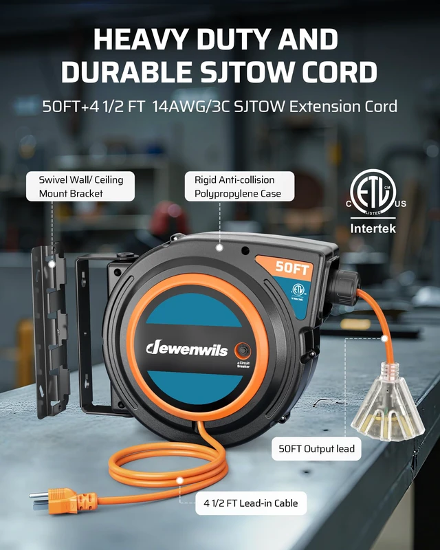 Alt view image 5 of 7 - Extension Cord Reel with Twist-lock Stopper, Power Retractable Cord Reel, Lightweight and Portable, Brighter Triple Tap Outlet, for Home Maintenance, Garages, Workshops, Orange