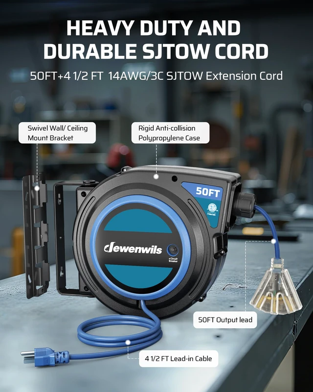 Alt view image 6 of 7 - Retractable Extension Cord Reel, 50 FT 14/3C SJTOW Heavy Duty Power Cord with Lighted Triple Tap Outlet, 180° Swivel Bracket for Ceiling/Wall Mount, 13A Circuit Breaker, ETL Listed, Blue