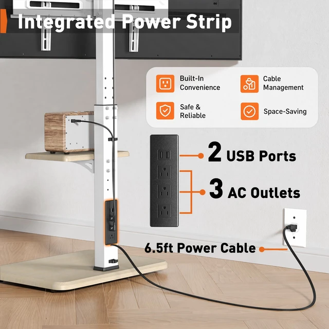 Alt view image 2 of 7 - Floor TV Stand with Power Outlet, Universal TV Stand for 32-75 inch TVs up to 110 lbs, Tall TV Mount for Bedroom with Shelf, Wood Base, Height Adjustable, Max VESA 600x400mm, White, PGFS06W