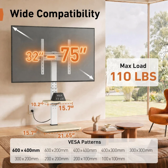 Alt view image 3 of 7 - Floor TV Stand with Power Outlet, Universal TV Stand for 32-75 inch TVs up to 110 lbs, Tall TV Mount for Bedroom with Shelf, Wood Base, Height Adjustable, Max VESA 600x400mm, White, PGFS06W