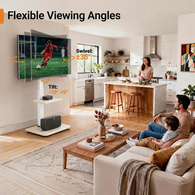 Alt view image 4 of 7 - Floor TV Stand with Power Outlet, Universal TV Stand for 32-75 inch TVs up to 110 lbs, Tall TV Mount for Bedroom with Shelf, Wood Base, Height Adjustable, Max VESA 600x400mm, White, PGFS06W
