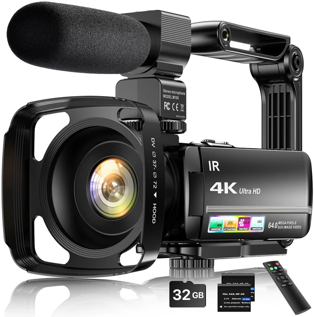 Main image of 4K Video Camera Camcorder 64MP Vlogging Camera for YouTube 3.0" Touch Screen 18X Digital Zoom IR Night Vision with External Stereo Microphone,Remote,Lens Hood,Handheld Stabilizer,32G Card &2 Batteries