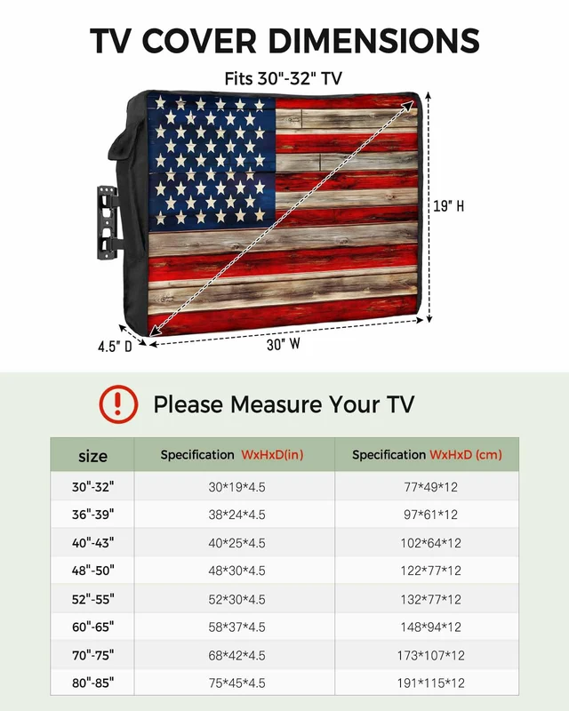 Alt view image 2 of 6 - American Flag Outdoor TV Cover 80-85 Inches, Weatherproof & Waterproof, Red Striped Blue Star Enclosure with Remote Control Pocket, Vintage Wooden TV Screen Protectors