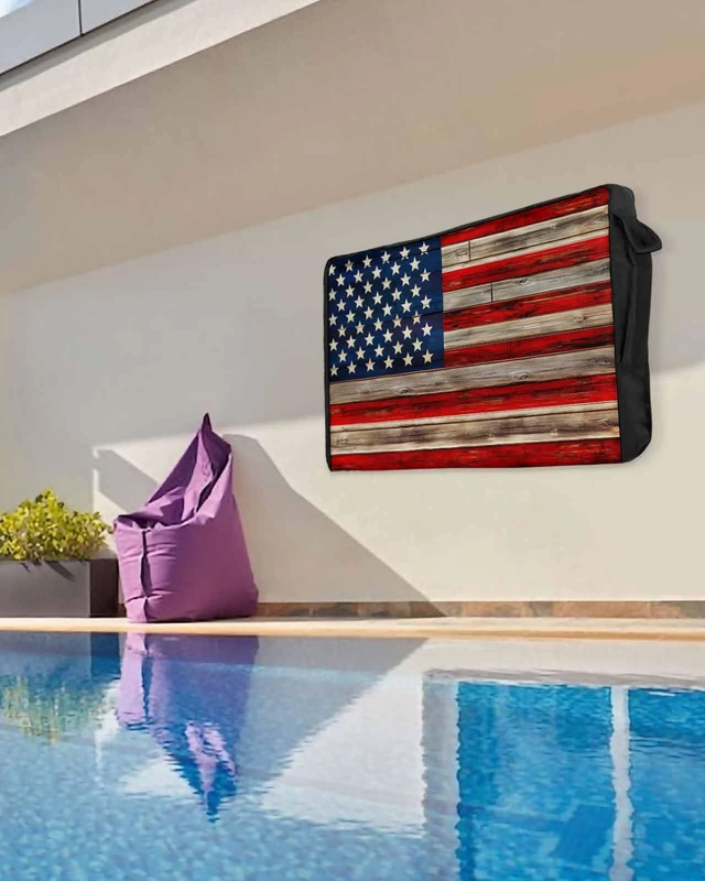 Alt view image 5 of 6 - American Flag Outdoor TV Cover 80-85 Inches, Weatherproof & Waterproof, Red Striped Blue Star Enclosure with Remote Control Pocket, Vintage Wooden TV Screen Protectors