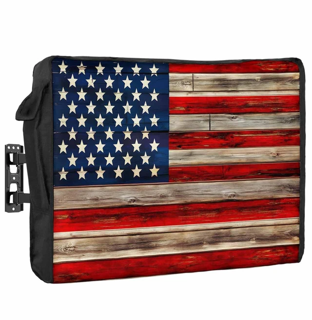 Main image of American Flag Outdoor TV Cover 70 to 75 Inches Weatherproof & Waterproof, Red Striped Blue Star Outdoor TV Enclosure with Remote Control Pocket, Vintage Wooden TV Screen Protectors for Outside TV