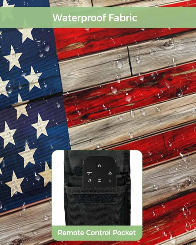 Alt view image 3 of 6 - American Flag Outdoor TV Cover 70 to 75 Inches Weatherproof & Waterproof, Red Striped Blue Star Outdoor TV Enclosure with Remote Control Pocket, Vintage Wooden TV Screen Protectors for Outside TV