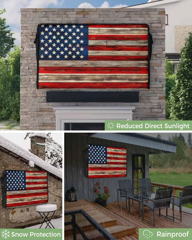 Alt view image 6 of 6 - American Flag Outdoor TV Cover 70 to 75 Inches Weatherproof & Waterproof, Red Striped Blue Star Outdoor TV Enclosure with Remote Control Pocket, Vintage Wooden TV Screen Protectors for Outside TV