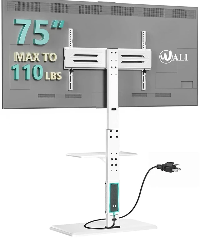 Main image of Floor TV Stand with Power Outlet & AV Shelf, Tall TV Stand Mount for 36-75 inch TV up to 110 lbs, Swivel and Height Adjustable TV Stands with Wood Base for Bedroom, Office(TVDVD-6PW), White