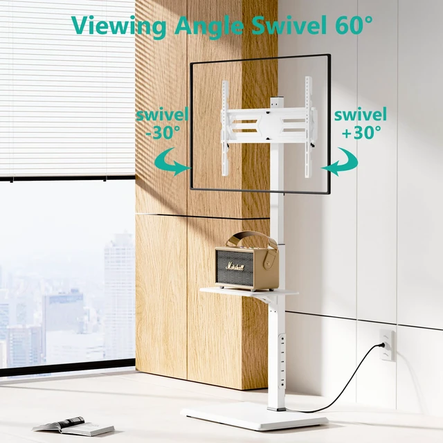 Alt view image 3 of 7 - Floor TV Stand with Power Outlet & AV Shelf, Tall TV Stand Mount for 36-75 inch TV up to 110 lbs, Swivel and Height Adjustable TV Stands with Wood Base for Bedroom, Office(TVDVD-6PW), White