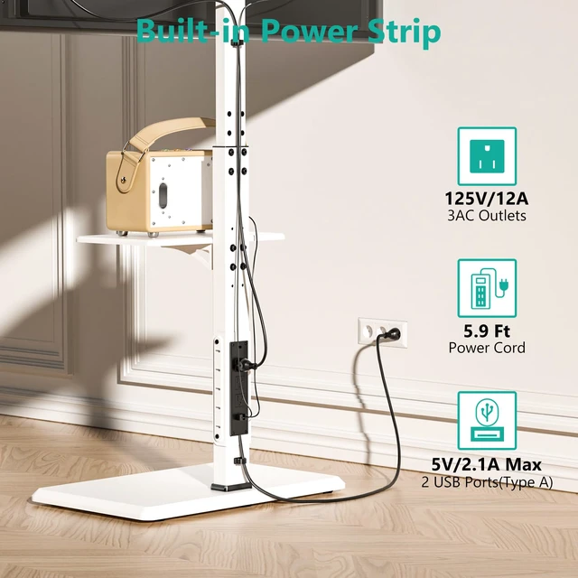 Alt view image 2 of 7 - Floor TV Stand with Power Outlet & AV Shelf, Tall TV Stand Mount for 36-75 inch TV up to 110 lbs, Swivel and Height Adjustable TV Stands with Wood Base for Bedroom, Office(TVDVD-6PW), White