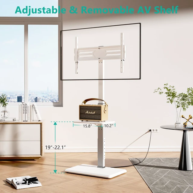 Alt view image 4 of 7 - Floor TV Stand with Power Outlet & AV Shelf, Tall TV Stand Mount for 36-75 inch TV up to 110 lbs, Swivel and Height Adjustable TV Stands with Wood Base for Bedroom, Office(TVDVD-6PW), White