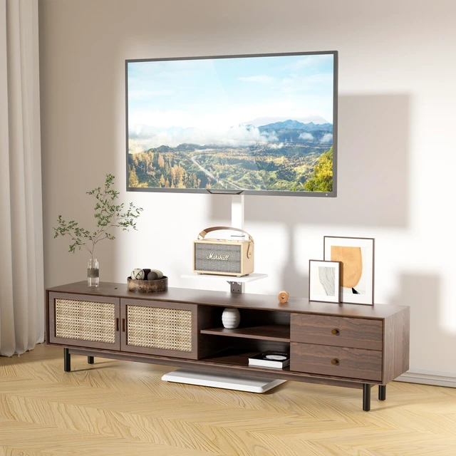 Alt view image 6 of 7 - Floor TV Stand with Power Outlet & AV Shelf, Tall TV Stand Mount for 36-75 inch TV up to 110 lbs, Swivel and Height Adjustable TV Stands with Wood Base for Bedroom, Office(TVDVD-6PW), White
