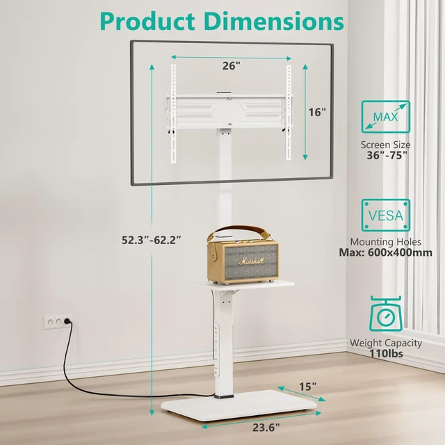 Alt view image 5 of 7 - Floor TV Stand with Power Outlet & AV Shelf, Tall TV Stand Mount for 36-75 inch TV up to 110 lbs, Swivel and Height Adjustable TV Stands with Wood Base for Bedroom, Office(TVDVD-6PW), White