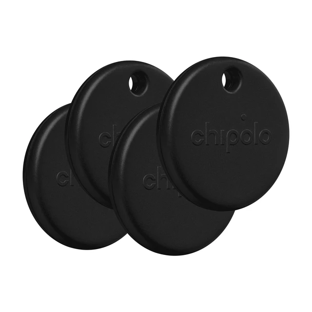 Main image of POP Tracker Tag - Colorful, Compatible, Loud Bluetooth Tracker with Call Your Phone & Out of Range Alert, Works with Apple Find My or Google's Find My Device - 4 Pack (Black)