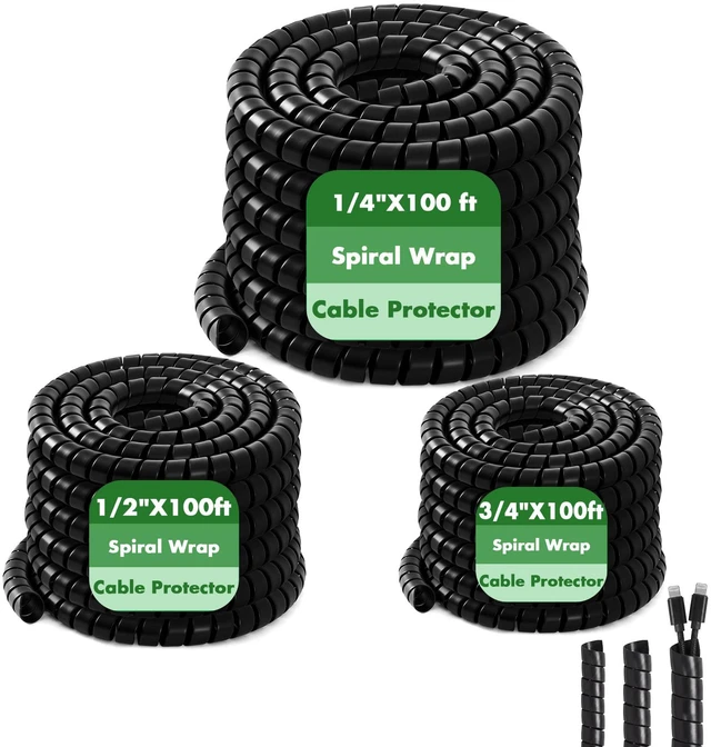 Main image of 3 Pcs Spiral Wrap Cable Protector, Safe 1/4"+ 3/4"+1/2" Od x 100 FT Pre Cut Lengths Hydraulic Hose Protector Wrap to Avoid Wear and Extend Life for Hydraulic Pneumatic Hoses (Black)