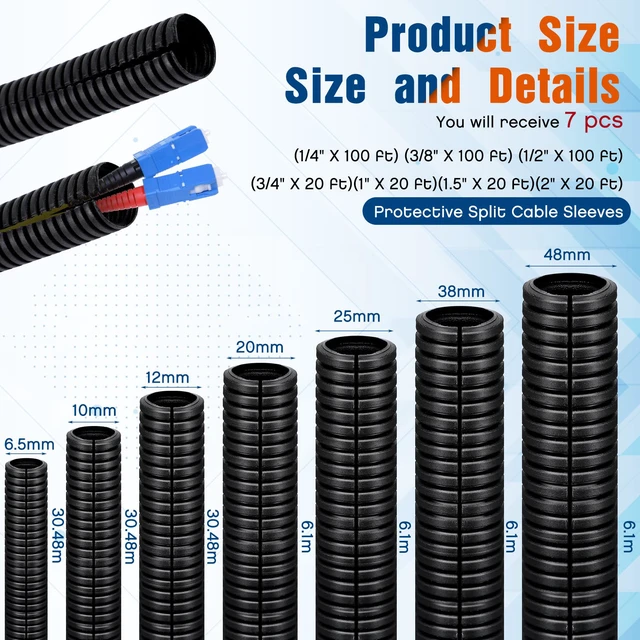 Alt view image 2 of 6 - 1/4, 3/8, 1/2'' x 100 Ft, 3/4, 1, 1.5, 2'' x 20 Ft Split Wire Loom Tubing Wire Loom Assortment Split Cable Sleeves Bulk Flexible Electrical Conduit Protective kit