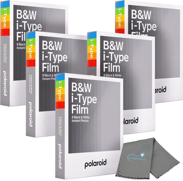Main image of Polaroids Black & White Instant Film, 5 Pack, 40 Photos, B&W Film Works with Polaroid i-Type Cameras, Now, Now+, I-2, & Lab, Bundle with a Lens Cleaning Cloth