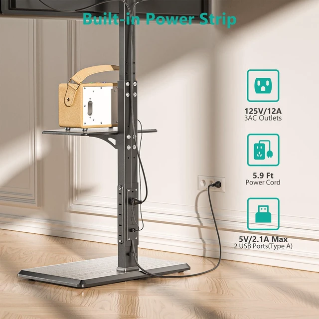 Alt view image 2 of 7 - Floor TV Stand with Power Outlet & AV Shelf, Tall TV Stand Mount for 36-75 inch TV up to 110 lbs, Swivel and Height Adjustable TV Stands with Wood Base for Bedroom, Office(TVDVD-6P), Black