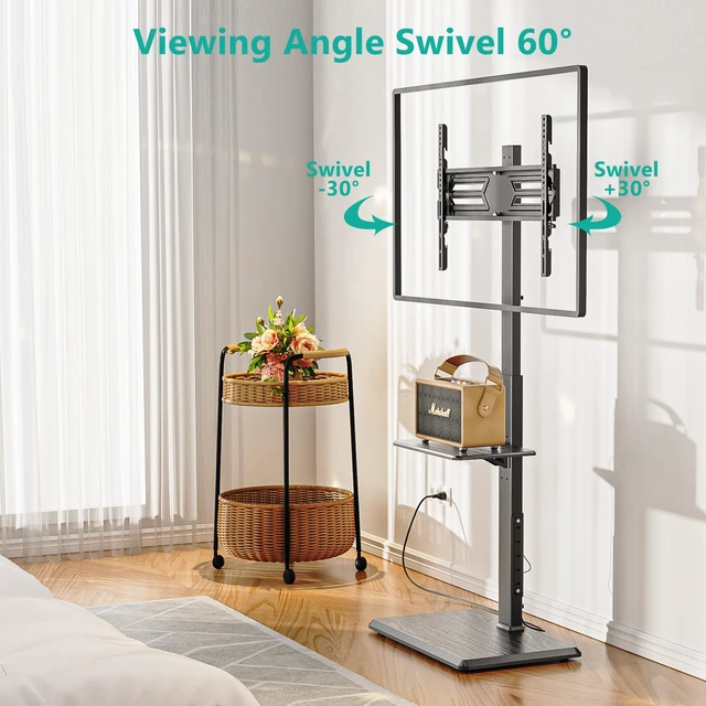 Alt view image 3 of 7 - Floor TV Stand with Power Outlet & AV Shelf, Tall TV Stand Mount for 36-75 inch TV up to 110 lbs, Swivel and Height Adjustable TV Stands with Wood Base for Bedroom, Office(TVDVD-6P), Black