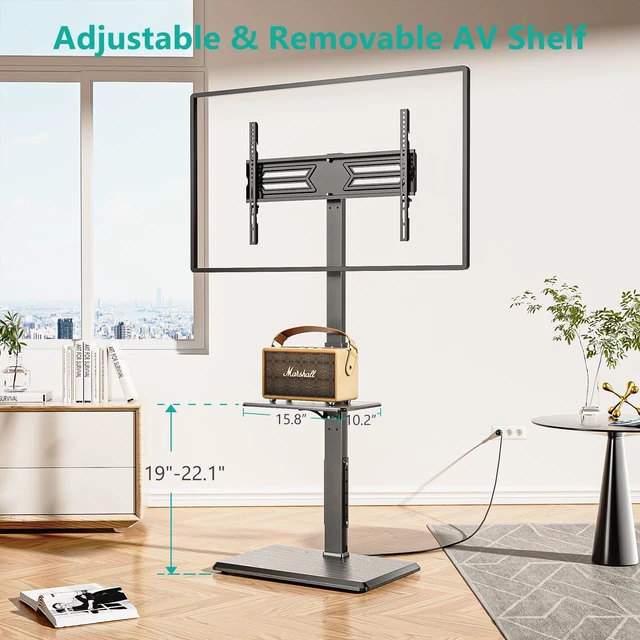 Alt view image 4 of 7 - Floor TV Stand with Power Outlet & AV Shelf, Tall TV Stand Mount for 36-75 inch TV up to 110 lbs, Swivel and Height Adjustable TV Stands with Wood Base for Bedroom, Office(TVDVD-6P), Black