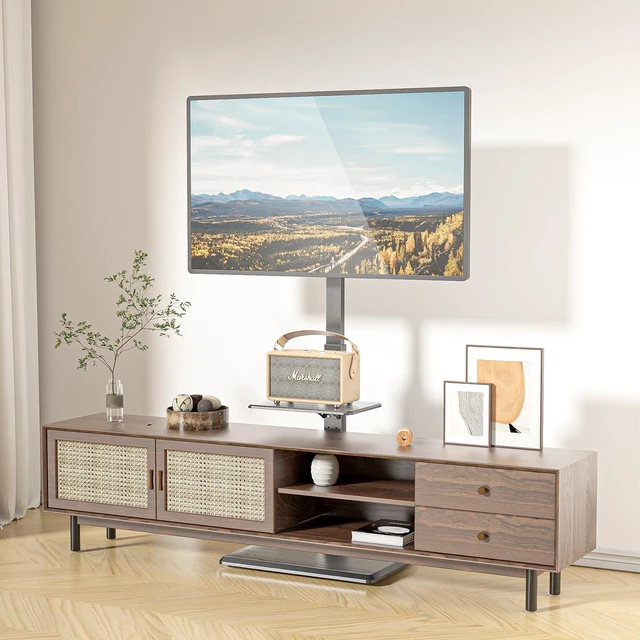 Alt view image 6 of 7 - Floor TV Stand with Power Outlet & AV Shelf, Tall TV Stand Mount for 36-75 inch TV up to 110 lbs, Swivel and Height Adjustable TV Stands with Wood Base for Bedroom, Office(TVDVD-6P), Black