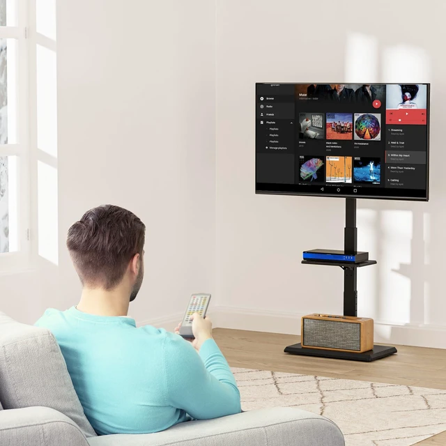 Alt view image 7 of 7 - Floor TV Stand with Power Outlet & AV Shelf, Tall TV Stand Mount for 36-75 inch TV up to 110 lbs, Swivel and Height Adjustable TV Stands with Wood Base for Bedroom, Office(TVDVD-6P), Black