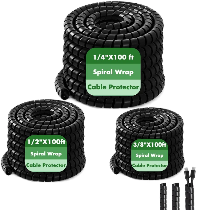 Main image of 3 Pcs Spiral Wrap Cable Protector, Safe 1/4"+1/2"+3/8" Od x 100 FT Pre Cut Lengths Hydraulic Hose Protector Wrap to Avoid Wear and Extend Life for Hydraulic Pneumatic Hoses (Black)