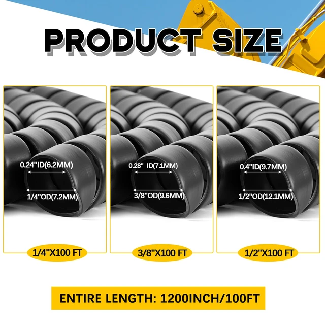 Alt view image 3 of 7 - 3 Pcs Spiral Wrap Cable Protector, Safe 1/4"+1/2"+3/8" Od x 100 FT Pre Cut Lengths Hydraulic Hose Protector Wrap to Avoid Wear and Extend Life for Hydraulic Pneumatic Hoses (Black)