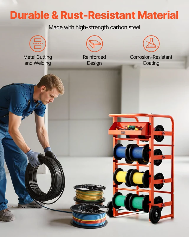 Alt view image 4 of 7 - Wire Spool Rack, 11 Rods, Multi-Spool Wire Rack Dispenser, Cable Caddy with Wheels, Cable Holder with Storage Tray for Wiring Storage, for Electrical, Industrial & Retail Use, Working Efficiency