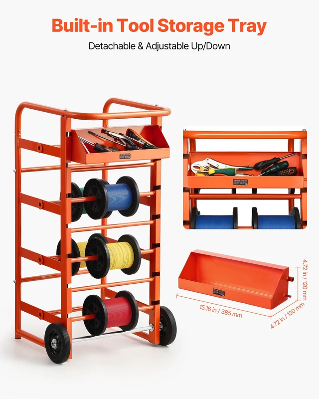 Alt view image 5 of 7 - Wire Spool Rack, 11 Rods, Multi-Spool Wire Rack Dispenser, Cable Caddy with Wheels, Cable Holder with Storage Tray for Wiring Storage, for Electrical, Industrial & Retail Use, Working Efficiency