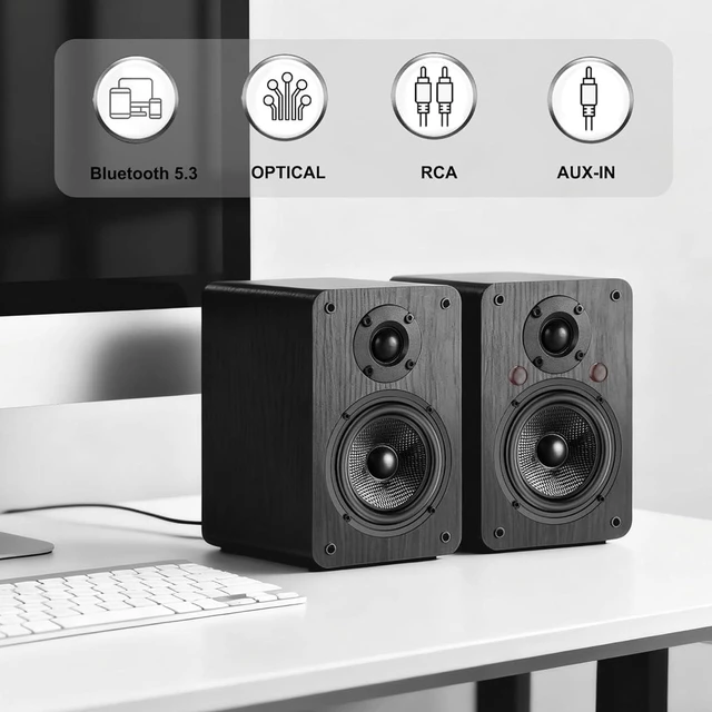 Alt view image 2 of 7 - 60W Active Bookshelf Speakers, Stereo Home Speaker with 1" Silk Dome Tweeter & 4" Aramid Woofer, Multi Input Bluetooth/Optical/RCA/AUX, Compatible with Turntable, Desktop PC (Black)