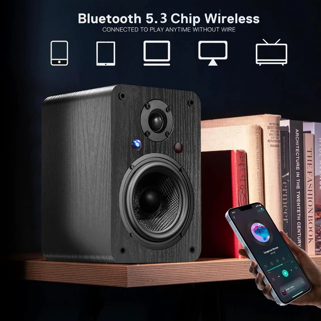 Alt view image 4 of 7 - 60W Active Bookshelf Speakers, Stereo Home Speaker with 1" Silk Dome Tweeter & 4" Aramid Woofer, Multi Input Bluetooth/Optical/RCA/AUX, Compatible with Turntable, Desktop PC (Black)
