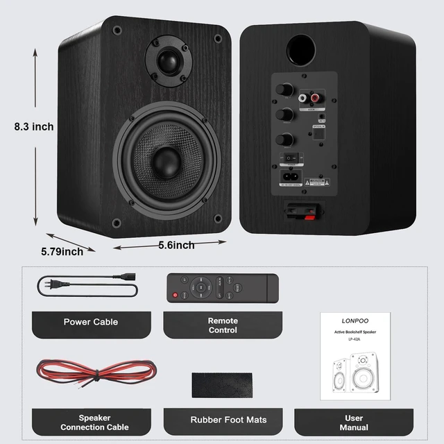 Alt view image 7 of 7 - 60W Active Bookshelf Speakers, Stereo Home Speaker with 1" Silk Dome Tweeter & 4" Aramid Woofer, Multi Input Bluetooth/Optical/RCA/AUX, Compatible with Turntable, Desktop PC (Black)