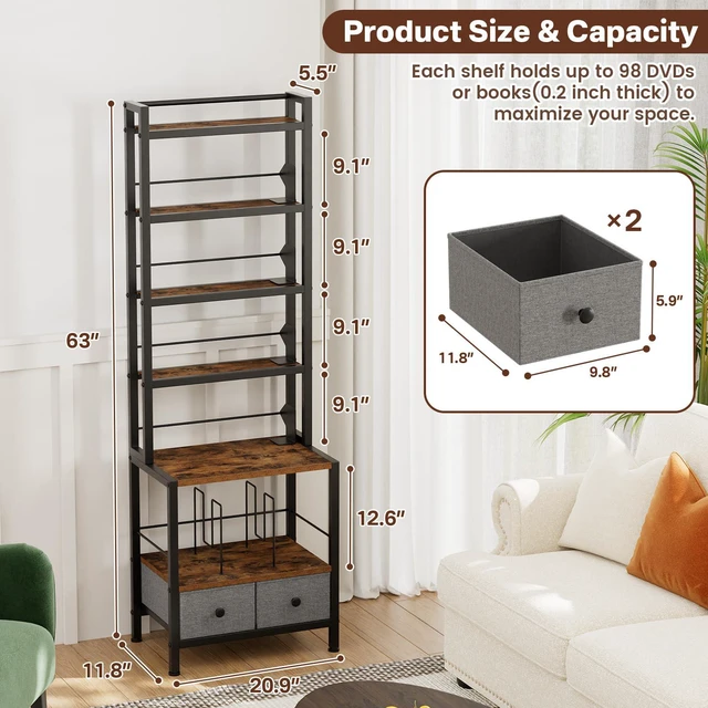 Alt view image 2 of 7 - DVD Storage Vinyl Record Storage Rack, 6-Tier CD Rack Tower with Drawers for CDs, DVDs, Albums, Books & Games, Vinyl Record Holder & DVD Shelf Organizer for Living Room & Home Office, 20.8x11.8x63Inch
