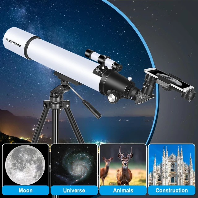 Alt view image 5 of 6 - Telescope for Adults High Powered, Travel Telescopes for Adults Astronomy Beginners Gifts, 80mm Aperture 900 Refractor Telescope with AZ Mount, Carry Bag, Phone Mount