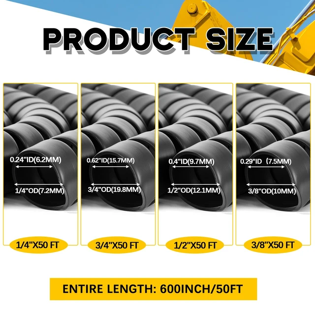 Alt view image 3 of 7 - 4 Pcs Spiral Wrap Cable Protector, Safe 1/4"+3/8"+1/2"+3/4" Od x 50 ft Pre Cut Lengths Hydraulic Hose Protector Wrap to Avoid Wear and Extend Life for Hydraulic Pneumatic Hoses (Black)