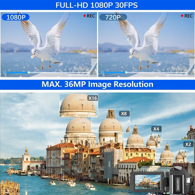 Alt view image 2 of 7 - Camcorder FHD 1080P Video Camera for YouTube with 30FPS 36MP 3.0 Inch 270 Degree Rotation LCD, 16X Digital Zoom Vlogging Camera for Beginners with 2 Batteries Microphone, Remote, Stabilizer, Lens Hood