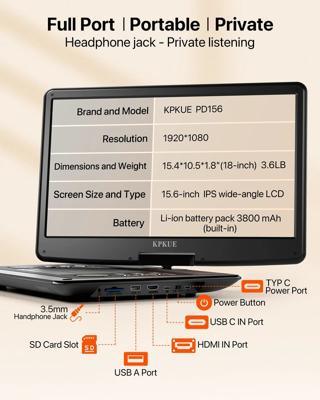 Alt view image 5 of 7 - 18 Portable DVD Player with 15.6-inch 1080P Swivel Screen, HDMI Input, Large Matte Monitor Protect Eyes, 4-Hour Battery Life, Region Free, Support Multi-Disc, Type-C, USB&SD Card for Road Trip