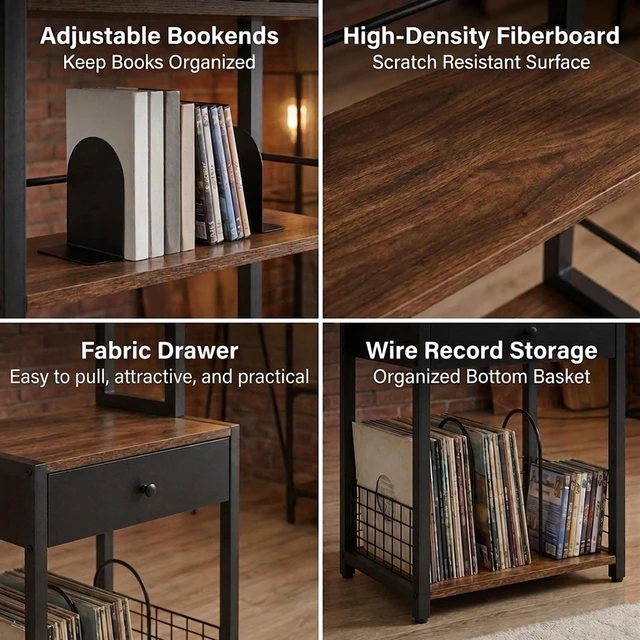 Alt view image 6 of 7 - CD Storage Rack, 6-Tier DVD Organizer Shelf with Drawer & Adjustable Book Stoppers, Vinyl Record Holder &Multi-Purpose Media Organizer, Ideal for Living Room/Home Office,15.7x11.8x64.3Inch