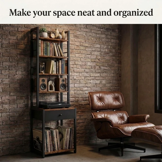 Alt view image 7 of 7 - CD Storage Rack, 6-Tier DVD Organizer Shelf with Drawer & Adjustable Book Stoppers, Vinyl Record Holder &Multi-Purpose Media Organizer, Ideal for Living Room/Home Office,15.7x11.8x64.3Inch