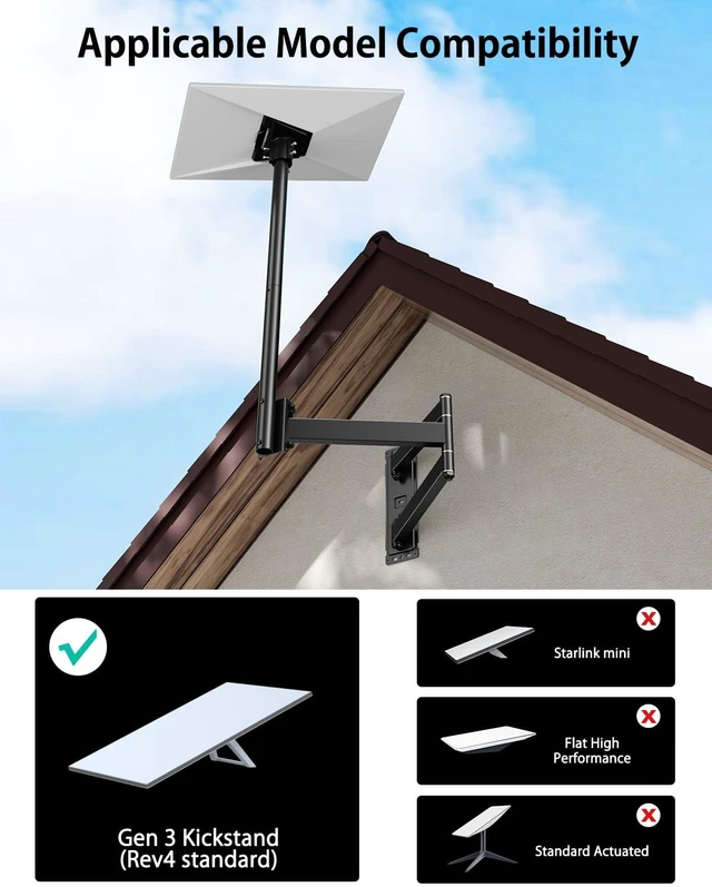 Alt view image 6 of 7 - Starlink Gen 3 Bracket, Long Arm Wall Mount for Starlink Gen 3, 360° Adjustable, 180° Swivel, Starlink Gen3 Pole Mount Kit with Gen 3 Tube Adapter for Starlink Internet Kit
