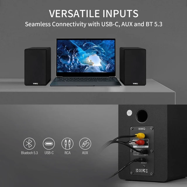 Alt view image 5 of 7 - Powered Bookshelf Speaker Pair,60W Home Stereo Speakers with BT,AUX & Type-C Input, 5.5" Carbon Fiber Woofer & 1" Tweeter, Compatible with Turntable, Record Player, Desktop PC and Monitor (Black)