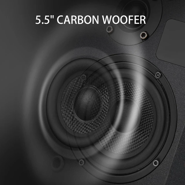Alt view image 3 of 7 - Powered Bookshelf Speaker Pair,60W Home Stereo Speakers with BT,AUX & Type-C Input, 5.5" Carbon Fiber Woofer & 1" Tweeter, Compatible with Turntable, Record Player, Desktop PC and Monitor (Black)