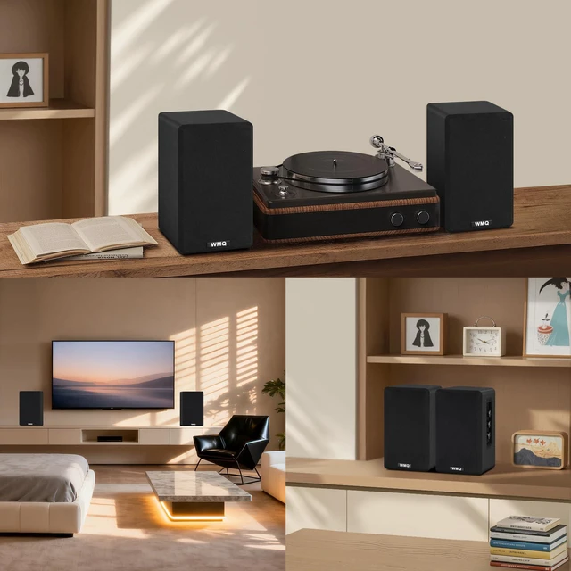 Alt view image 6 of 7 - Powered Bookshelf Speaker Pair,60W Home Stereo Speakers with BT,AUX & Type-C Input, 5.5" Carbon Fiber Woofer & 1" Tweeter, Compatible with Turntable, Record Player, Desktop PC and Monitor (Black)