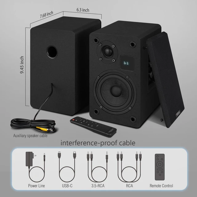 Alt view image 7 of 7 - Powered Bookshelf Speaker Pair,60W Home Stereo Speakers with BT,AUX & Type-C Input, 5.5" Carbon Fiber Woofer & 1" Tweeter, Compatible with Turntable, Record Player, Desktop PC and Monitor (Black)