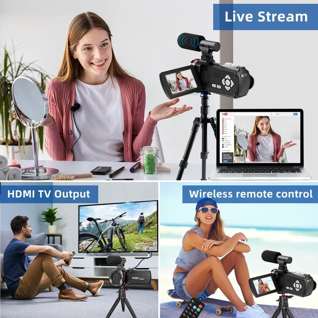 Alt view image 6 of 7 - Video Camera, Camcorder 4K, 64MP 60FPS Dual Lens Camera with Wireless Mic for Vlogging YouTube, Ultra HD 3 Inch Screen 21X Digital Zoom, Video Recorder Camera with 64GB SD Card
