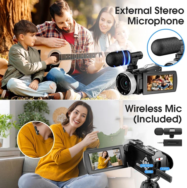 Alt view image 3 of 7 - 4K UHD Video Camera Camcorder 60FPS, 48MP YouTube Vlogging Camera with Wireless Lavalier Microphone, 18X Digital Zoom, 3" 270° Rotatable IPS Screen for Travel & Outdoor Parties