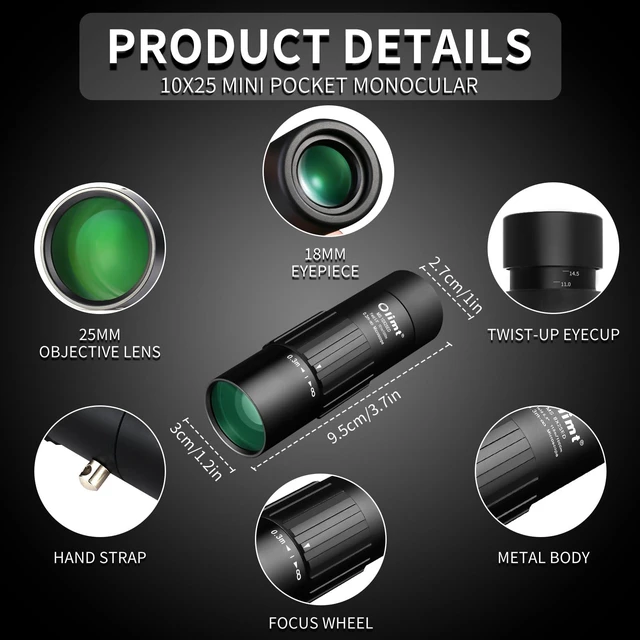Alt view image 2 of 7 - 10x25 Monocular Telescope, Compact Mini Pocket Size Waterproof Fogproof for Bird Watching Hiking Camping, Black
